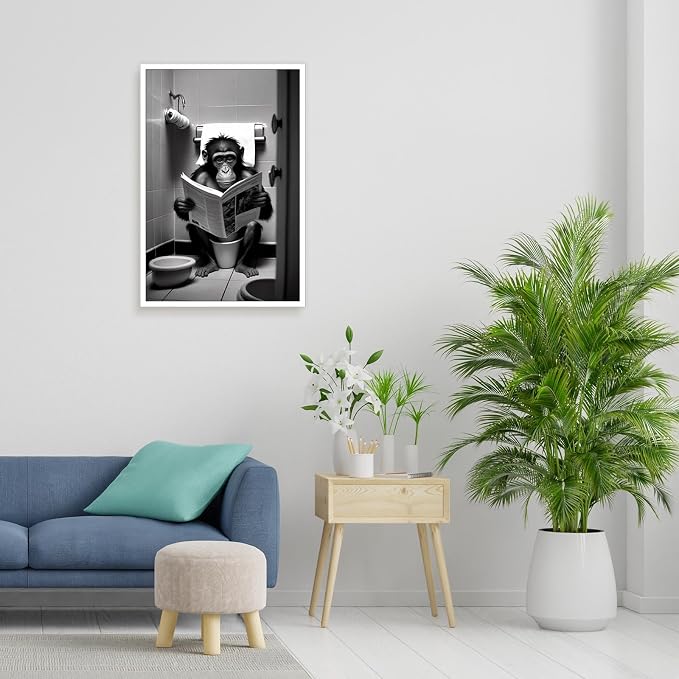 KOEUIRW Funny Gorilla Bathroom Canvas Wall Art Cute Monkey In Toilet Posters Black and White Animal Prints Painting Maximalist Mid Century Modern Aesthetic Wall Decor for 16x24in Unframed