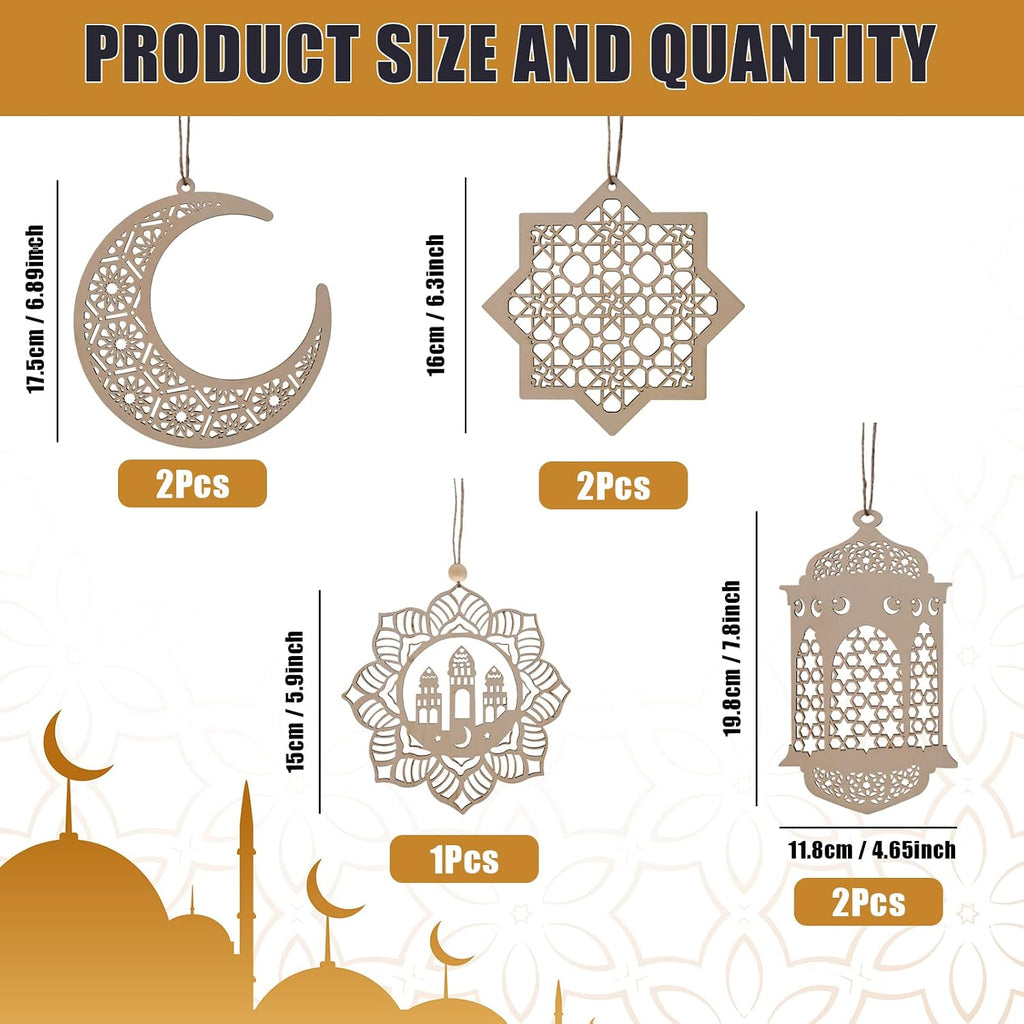 PopManko Ramadan Decorations - Wooden Pendant Eid Mubarak Hanging Moon Star Wind Light Castle Shape Ornament