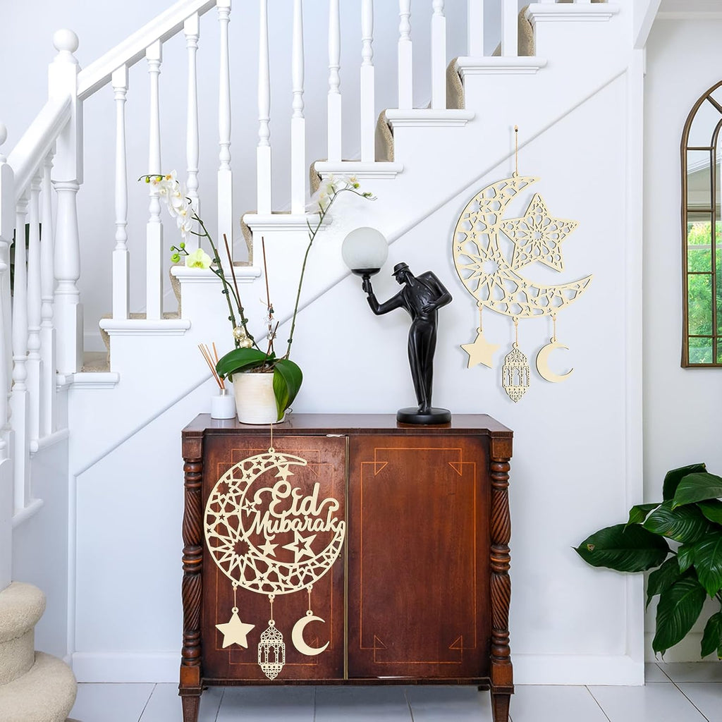 Hinsly 2 Pieces Eid Mubarak Door Sign Wooden Hanging Signs, Ramadan Kareem Hollow Ornament Decorations Moon and Stars, Moon Shape Ramadan Mubarak Party Wood Wall Hanger for Islamic Muslim Home Decor