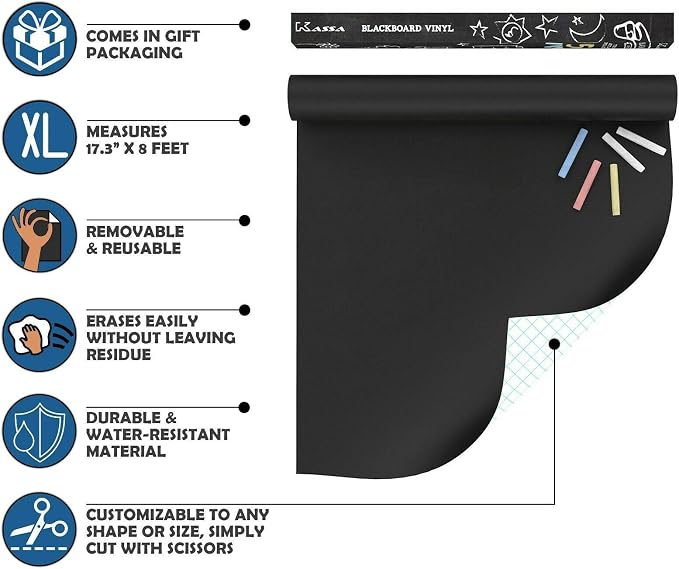Kassa X-Large Chalkboard Wallpaper - Clear | 1.4ft x 6.5ft Adhesive Paper Roll | Includes 3 Markers & Eraser Cloth | Peel & Stick on a Wall, Table & Desk | Ideal for Use at Home, School, Office & More