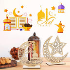 HOWAF 2 Sets Eid Mubarak Wooden Ornament Ramadan Kareem Hollow Decoration Moon Star Hanging Pendant Happy Eid Wood Tabletop Decor for Home Ramadan Mubarak Eid Decorations