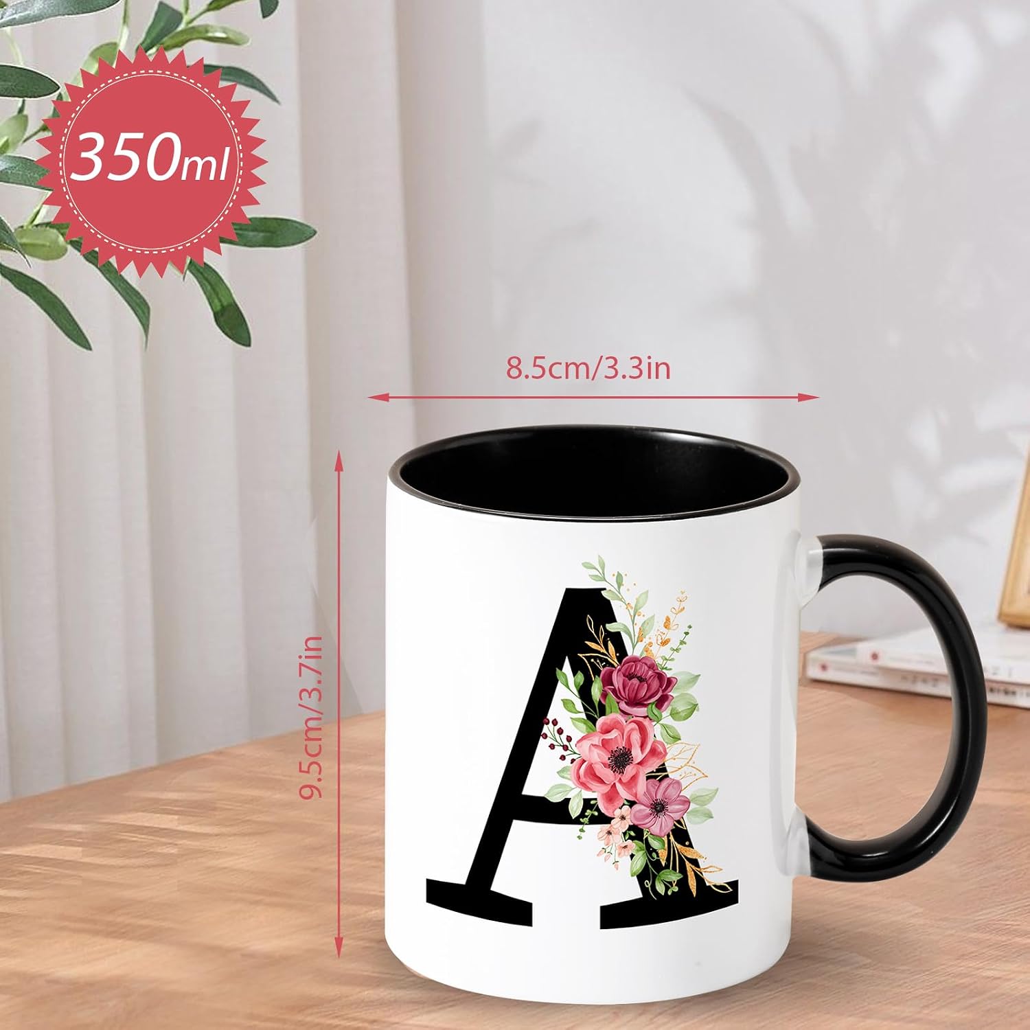 Tarklanda Personalized Initial Mug With Letter and Flowers - 350ML Porcelain Black Coffee Mug - Original Gifts for Women, Birthday and Christmas Presents (A)