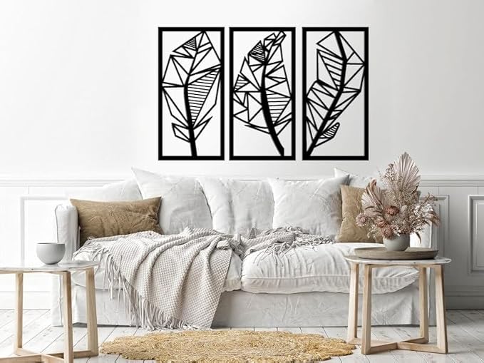3-panel geometric leaf wooden wall art, black, 1.2m x 80cm, H01622