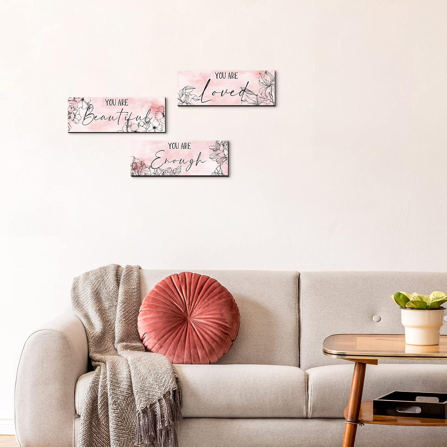 Yookeer 3 Pcs Floral Wooden Wall Hanging Wall Art Positive Quotes You Are Beautiful Inspirational Wall Decors for Valentine Kids Girls Teacher Women Assistant Secretaries (Pink, 4 x 11 Inch)