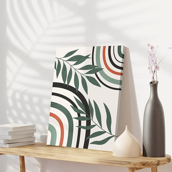 Boho Wall Art Set of 3, Mid Century Modern Wall Decor Abstract Geometric Prints Black Green Plant Sun Natural Framed Canvas Prints Artwork Ready To Hang for Living Room Bathroom Bedroom 16 * 24inch