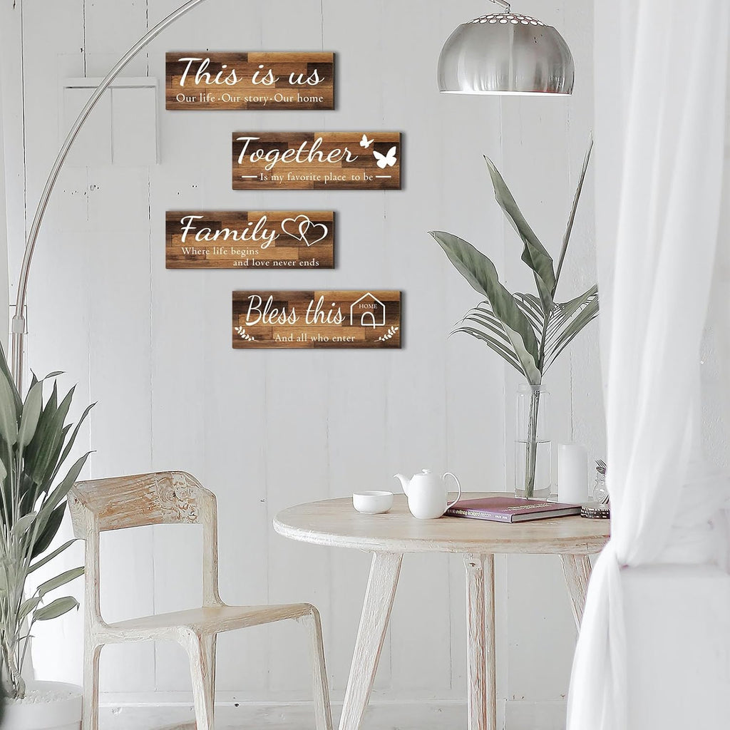 4 Pieces Home Wall Signs, THIS IS US/TOGETHER/BLESS THIS HOME/FAMILY Wall Decor For Living Room Bedroom, Rustic Wooden Farmhouse Wall Art, 4.7 x 13.8 Inch