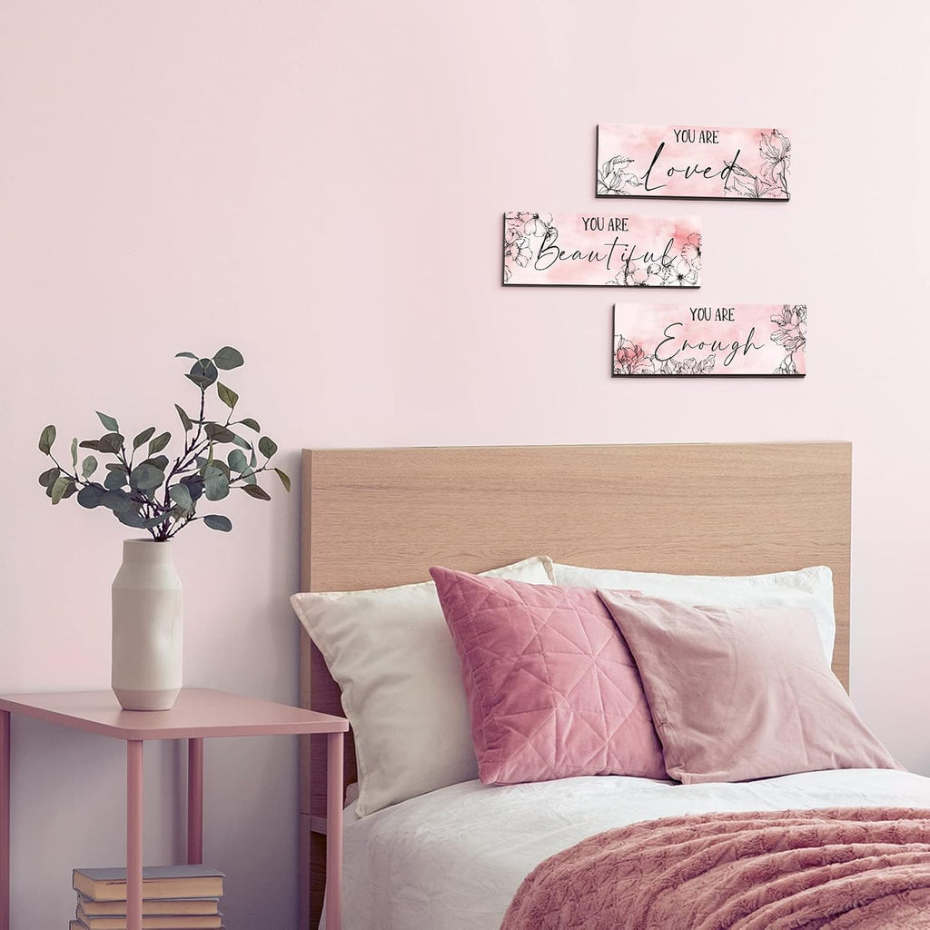 Yookeer 3 Pcs Floral Wooden Wall Hanging Wall Art Positive Quotes You Are Beautiful Inspirational Wall Decors for Valentine Kids Girls Teacher Women Assistant Secretaries (Pink, 4 x 11 Inch)