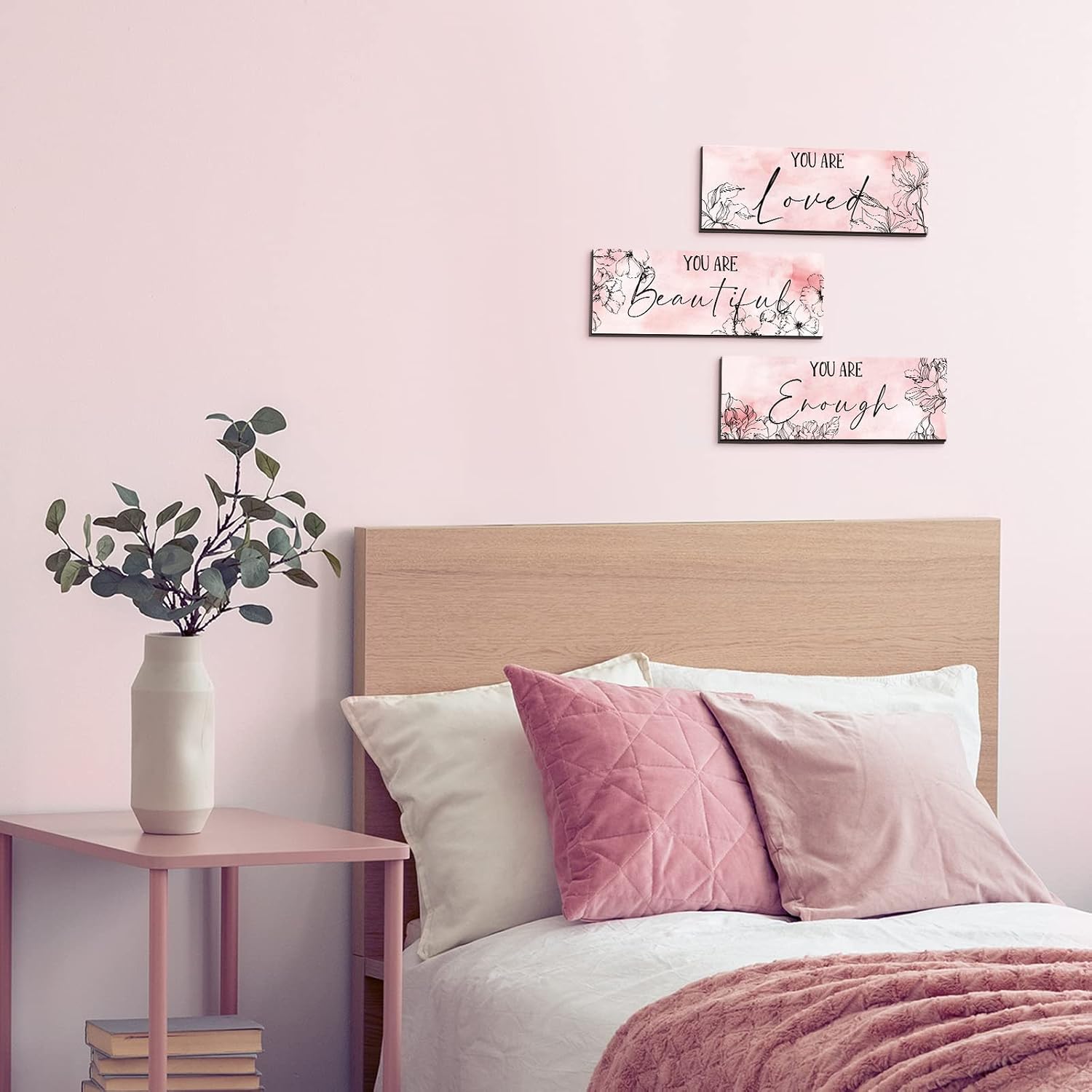 Yookeer 3 Pcs Floral Wooden Wall Hanging Wall Art Positive Quotes You Are Beautiful Inspirational Wall Decors for Valentine Kids Girls Teacher Women Assistant Secretaries (Pink, 4 x 11 Inch)