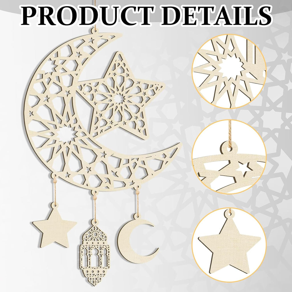 Hinsly 2 Pieces Eid Mubarak Door Sign Wooden Hanging Signs, Ramadan Kareem Hollow Ornament Decorations Moon and Stars, Moon Shape Ramadan Mubarak Party Wood Wall Hanger for Islamic Muslim Home Decor