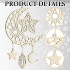 Hinsly 2 Pieces Eid Mubarak Door Sign Wooden Hanging Signs, Ramadan Kareem Hollow Ornament Decorations Moon and Stars, Moon Shape Ramadan Mubarak Party Wood Wall Hanger for Islamic Muslim Home Decor