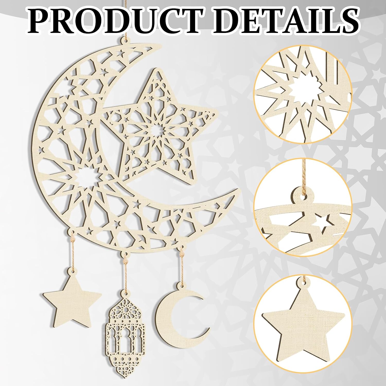 Hinsly 2 Pieces Eid Mubarak Door Sign Wooden Hanging Signs, Ramadan Kareem Hollow Ornament Decorations Moon and Stars, Moon Shape Ramadan Mubarak Party Wood Wall Hanger for Islamic Muslim Home Decor