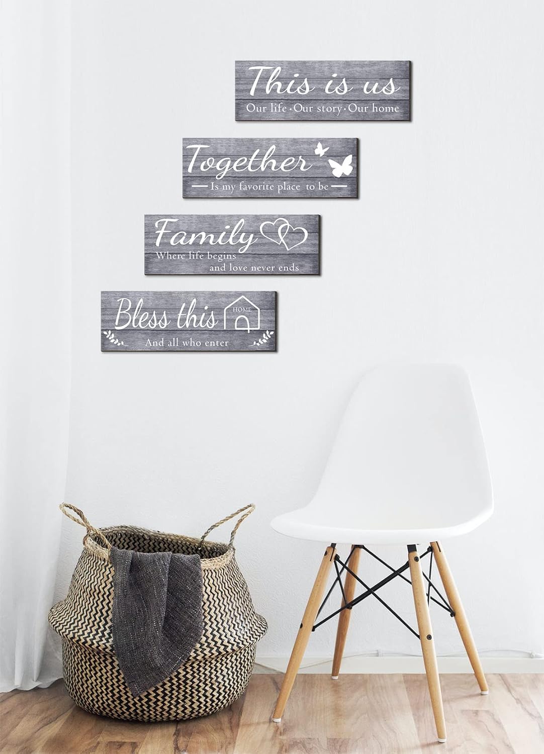 4 Pieces Home Wall Signs, THIS IS US/TOGETHER/BLESS THIS HOME/FAMILY Wall Decor For Living Room Bedroom, Rustic Wooden Farmhouse Wall Art, 4.7 x 13.8 Inch