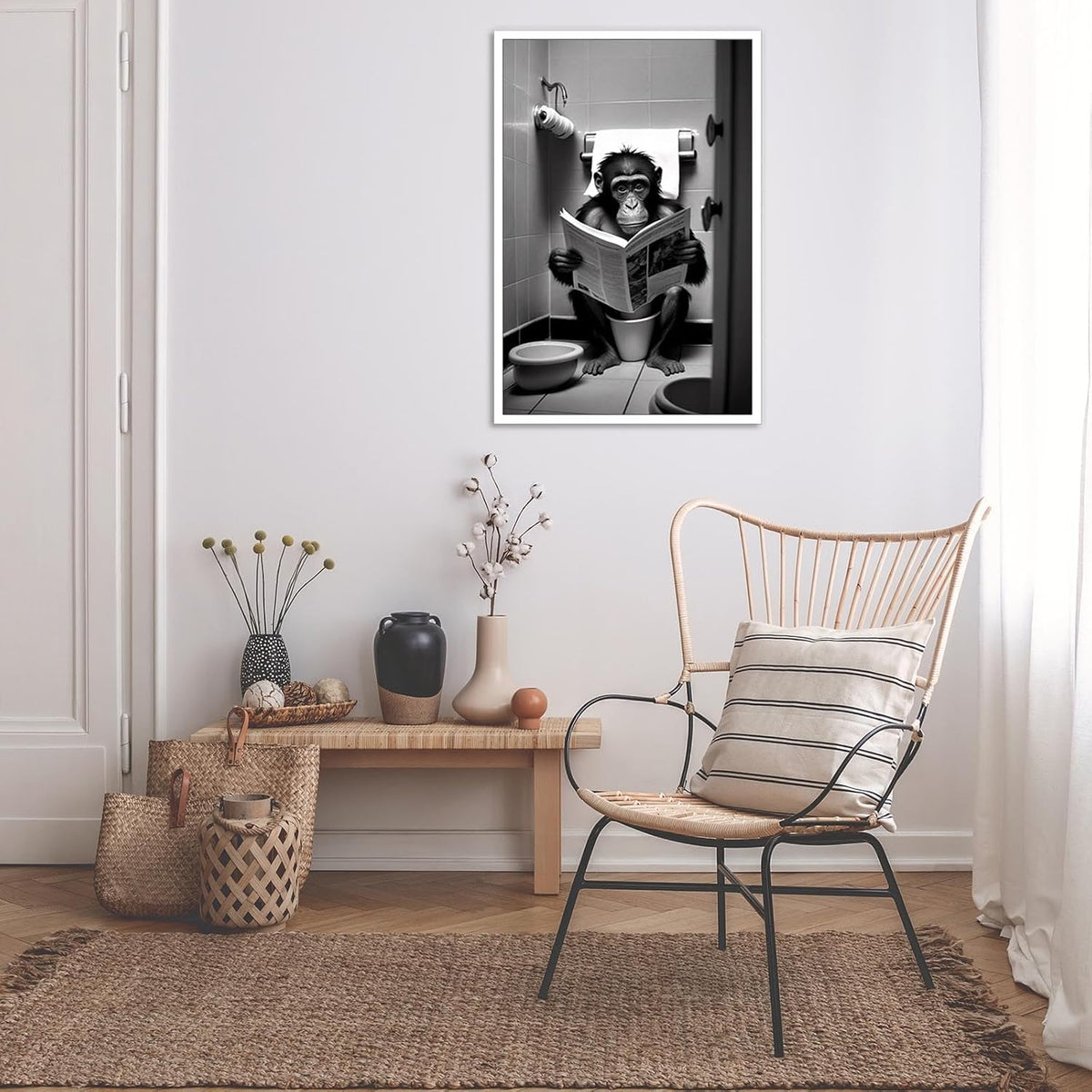 KOEUIRW Funny Gorilla Bathroom Canvas Wall Art Cute Monkey In Toilet Posters Black and White Animal Prints Painting Maximalist Mid Century Modern Aesthetic Wall Decor for 16x24in Unframed
