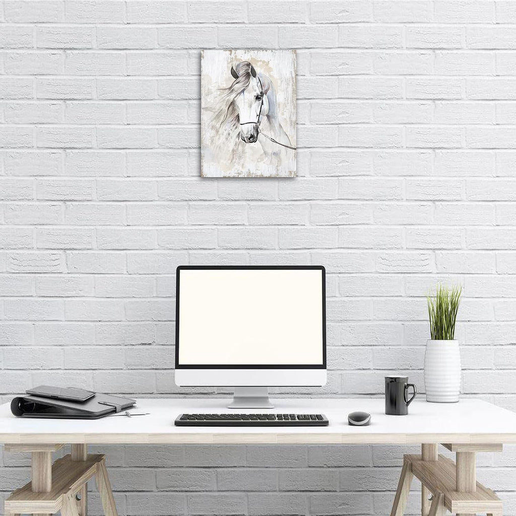Horse Canvas Wall Art White Horse Canvas Wall Decor Farmhouse Wall Pictures Wild Animal Canvas Prints Painting Modern Artwork for Living Room Bedroom Office Home Decor Framed Ready to Hang 12"x 16"
