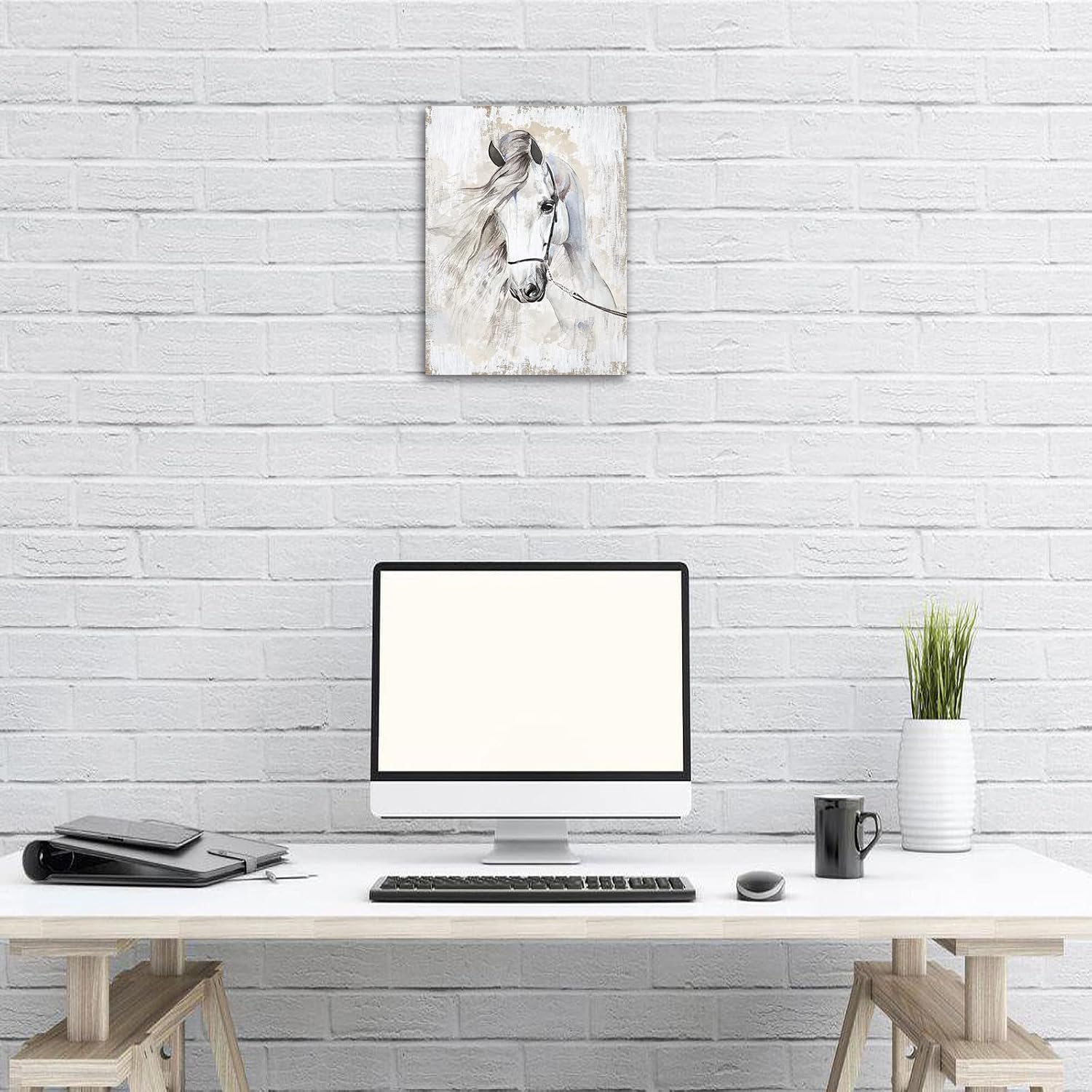 Horse Canvas Wall Art White Horse Canvas Wall Decor Farmhouse Wall Pictures Wild Animal Canvas Prints Painting Modern Artwork for Living Room Bedroom Office Home Decor Framed Ready to Hang 12"x 16"