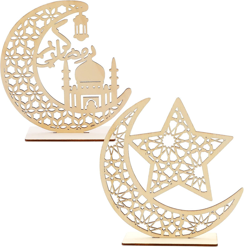 HOWAF 2 Sets Eid Mubarak Wooden Ornament Ramadan Kareem Hollow Decoration Moon Star Hanging Pendant Happy Eid Wood Tabletop Decor for Home Ramadan Mubarak Eid Decorations