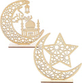 HOWAF 2 Sets Eid Mubarak Wooden Ornament Ramadan Kareem Hollow Decoration Moon Star Hanging Pendant Happy Eid Wood Tabletop Decor for Home Ramadan Mubarak Eid Decorations