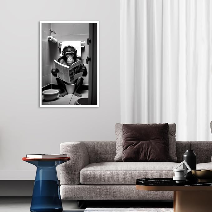 KOEUIRW Funny Gorilla Bathroom Canvas Wall Art Cute Monkey In Toilet Posters Black and White Animal Prints Painting Maximalist Mid Century Modern Aesthetic Wall Decor for 16x24in Unframed