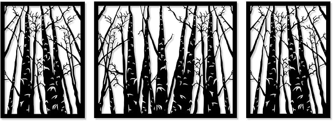 Wooden Decorative Wall Art Panel featuring a Forest Tree Design, 3 Panels, 80 x 240 cm, Black