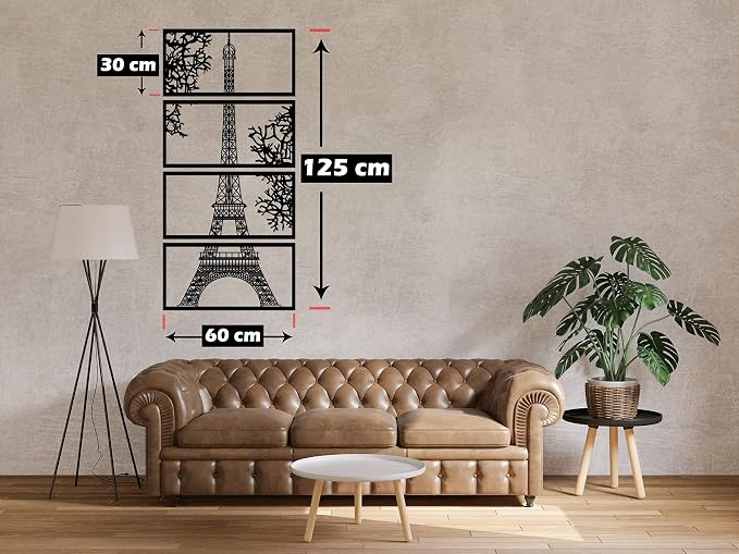 Decorative wooden wall art panel featuring the Eiffel Tower design, consisting of 4 panels - measuring 60 cm x 1.25 m