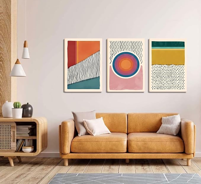 Framed Boho Wall Art Set of 3, Mid-Century Modern Wall Prints Framed Canvas Paintings Abstract Geometric Beige Orange Moon Plant Desert Nature Illustrations Artwork, Minimalist Boho Wall Decor for