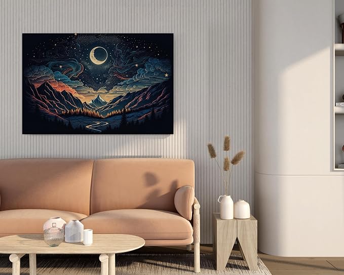 لوحة فنية جدارية قماشية بتصميم سماء ليلية ونجوم وقمر وكويكبات، 60 × 40 سم، لون أسود.