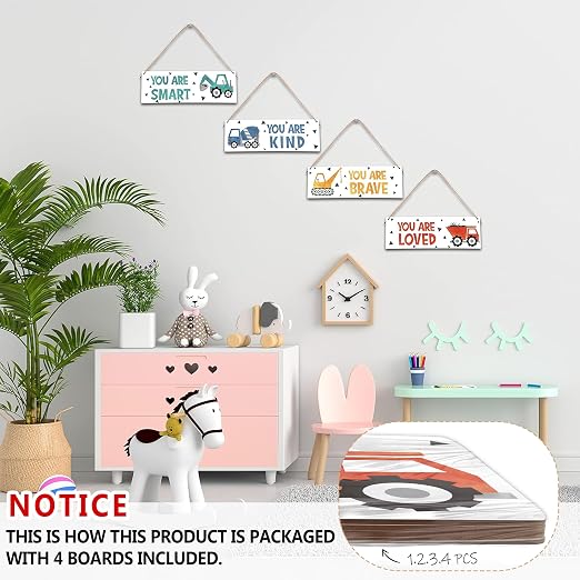 4 Pieces Construction Vehicles Decor Kids Room Wall Decor Wooden Sign - Motivational Wall Art For Kids Room Nursery Playroom Classroom - You Are Loved You Are Brave You Are Kind You Are Smart(Sign-01)