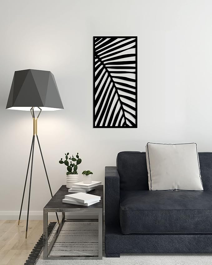 Wooden wall art with a palm leaf design, decorative piece, size 40x80 cm, black