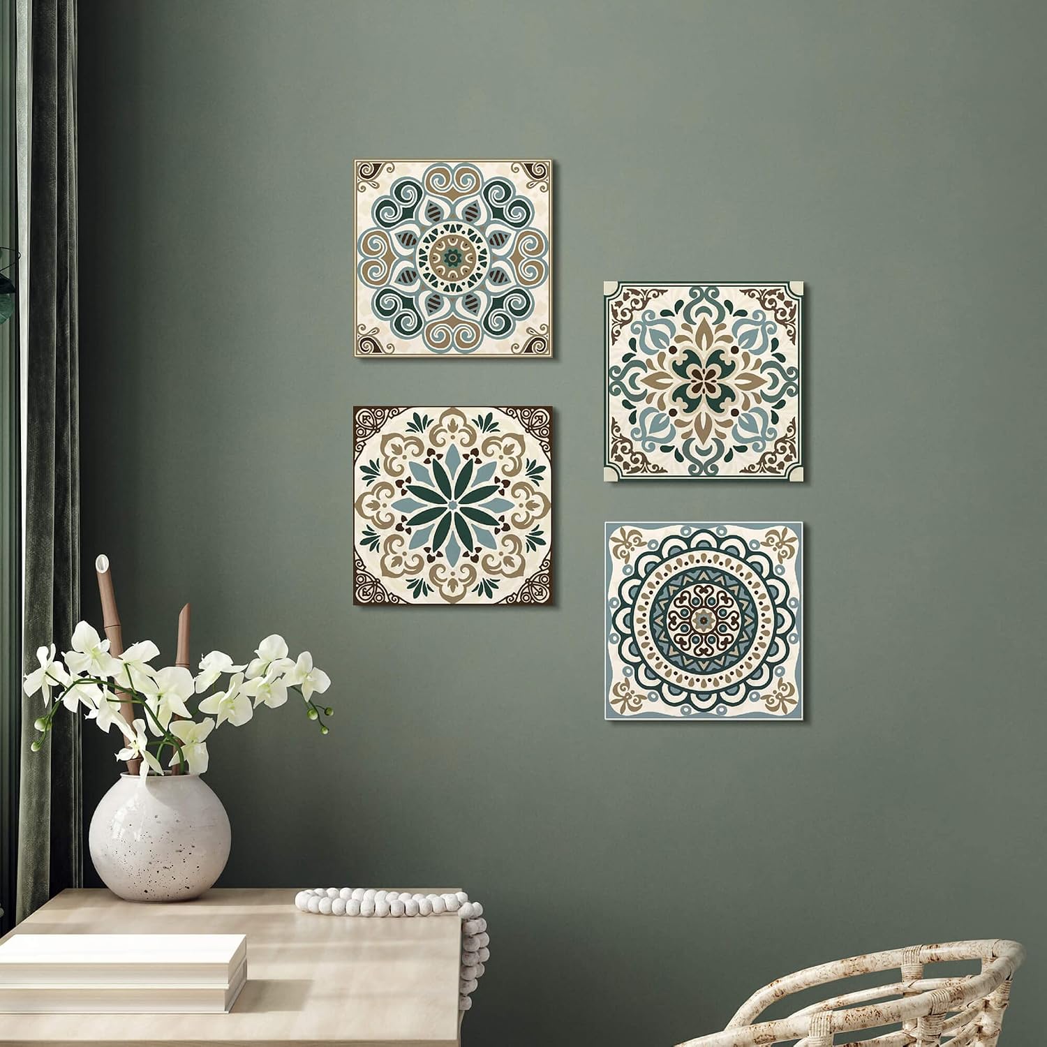 double trees Mandala Canvas Wall Art Bedroom: Living Room Bathroom Vintage Flower Giclee Print Modern Abstract Boho Pattern Painting Picture 4 Piece 12x12 Aesthetic Brown Artwork Ready to Hang