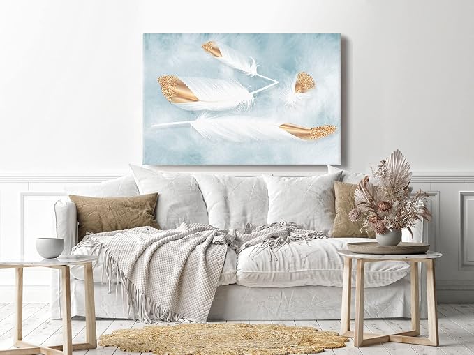 Abstract wall art panel with a feather design, white and gold color, measuring 60x40 cm, with a frame.