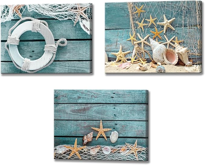 Biuteawal- 3 Piece Canvas Wall Art Starfish Shell on Teal Board Painting Prints Beach Nature Picture Canvas Artwork for Home Kitchen Bathroom Living Room Wall Decor Ready to Hang