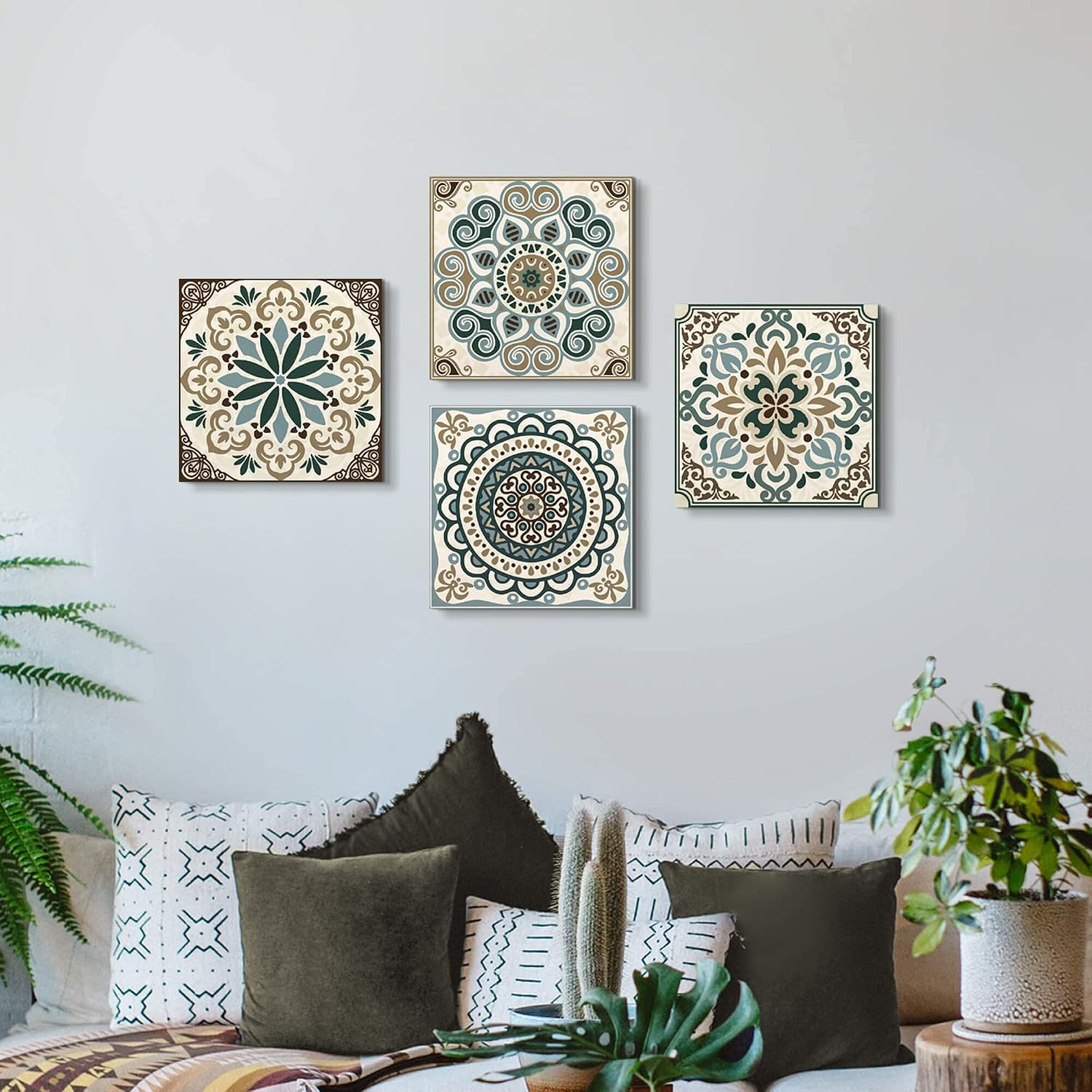 double trees Mandala Canvas Wall Art Bedroom: Living Room Bathroom Vintage Flower Giclee Print Modern Abstract Boho Pattern Painting Picture 4 Piece 12x12 Aesthetic Brown Artwork Ready to Hang