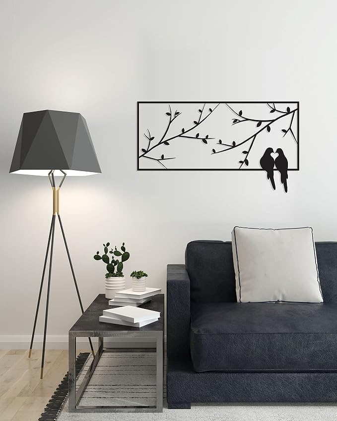 Wooden wall art featuring birds perched on a window frame, 44 x 80 cm, black