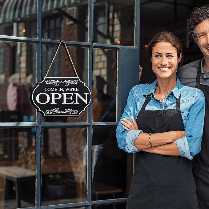 Rustic Wooden Store Open and Closed Business Sign Two Sided Reversible Come In We're Open or Closed Store Hanging Sign for Coffee Bar Shop Door Window, 11.8 x 7.8 Inch (White Boards, Black Words)