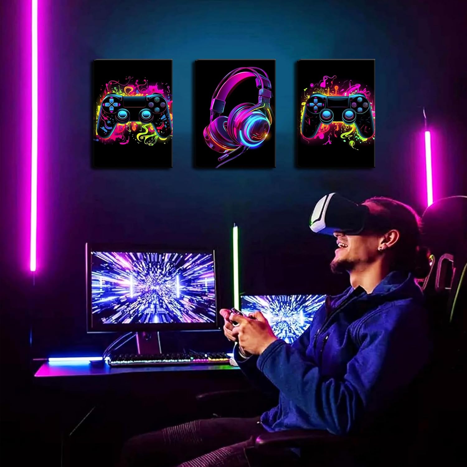 BGFCE Game Room Decor Set of 3, Neon Gaming Video Game Room Wall Art, Gaming Canvas Paintings Posters Prints for Teen Boys Room Children Teen Wall Decor Framed 12x16 in