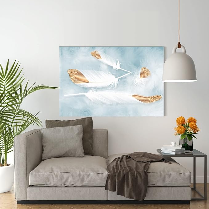 Abstract wall art panel with a feather design, white and gold color, measuring 60x40 cm, with a frame.