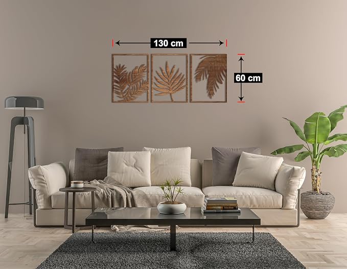 فن حائط، لوحة خشبية لغرفة المعيشة بتصميم ورقة استوائية، لون بني، 60 × 40 سم، مجموعة من 3 قطع