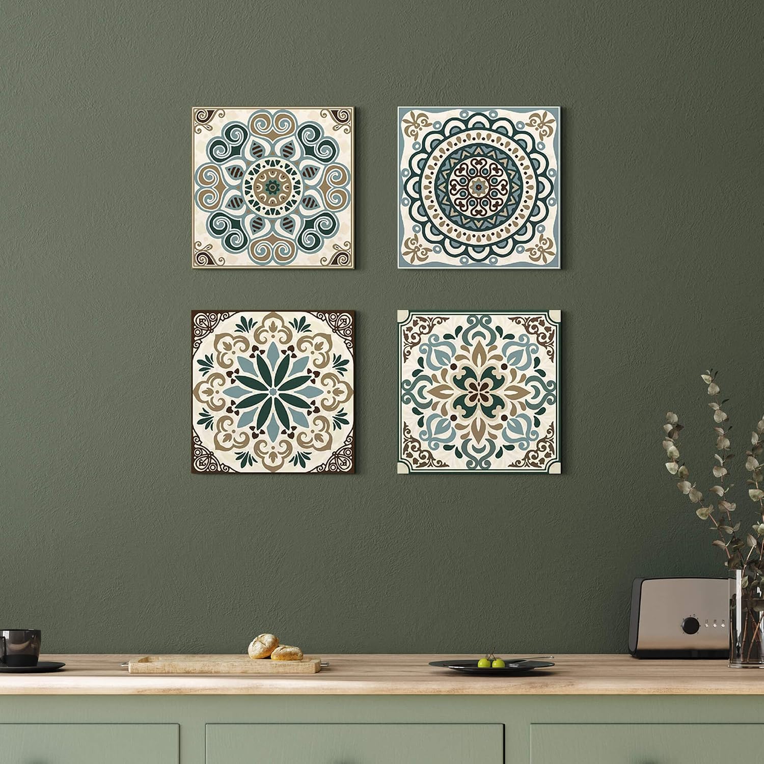 double trees Mandala Canvas Wall Art Bedroom: Living Room Bathroom Vintage Flower Giclee Print Modern Abstract Boho Pattern Painting Picture 4 Piece 12x12 Aesthetic Brown Artwork Ready to Hang