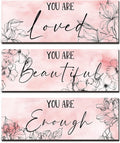 Yookeer 3 Pcs Floral Wooden Wall Hanging Wall Art Positive Quotes You Are Beautiful Inspirational Wall Decors for Valentine Kids Girls Teacher Women Assistant Secretaries (Pink, 4 x 11 Inch)