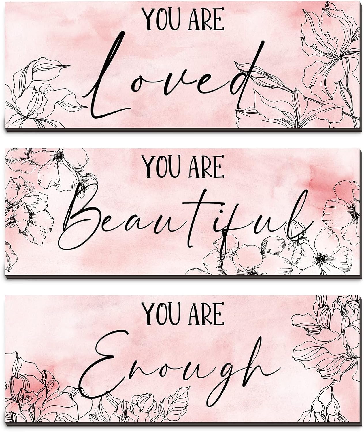 Yookeer 3 Pcs Floral Wooden Wall Hanging Wall Art Positive Quotes You Are Beautiful Inspirational Wall Decors for Valentine Kids Girls Teacher Women Assistant Secretaries (Pink, 4 x 11 Inch)