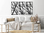 Abstract linear wooden wall art, 3 panels, 80 x 130 cm, black