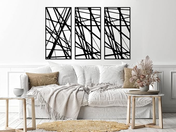 Abstract linear wooden wall art, 3 panels, 80 x 130 cm, black