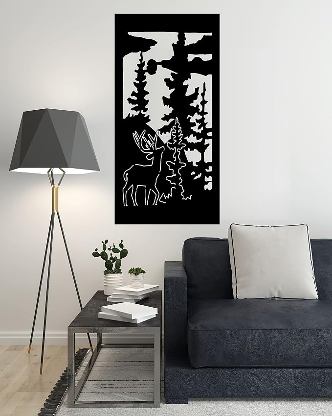 Wooden wall art panel with a deer design, measuring 40x80 cm, black.