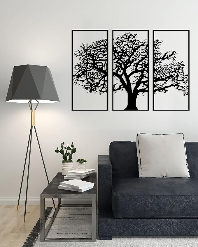 Wooden wall art panel with a winter tree pattern, 80 x 130 cm, black