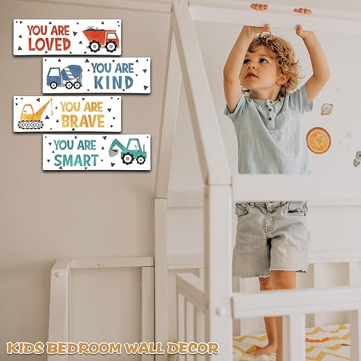 4 Pieces Construction Vehicles Decor Kids Room Wall Decor Wooden Sign - Motivational Wall Art For Kids Room Nursery Playroom Classroom - You Are Loved You Are Brave You Are Kind You Are Smart(Sign-01)