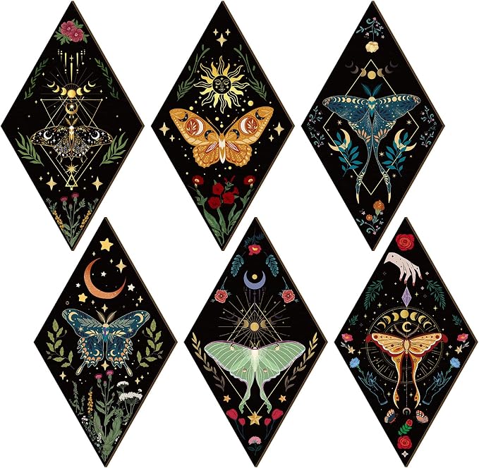 Sintuff 6 Pieces Boho Wall Decor Sun Moon Phases Wall Art Gothic Minimalist Stars Sun Wall Hanging Boho Wooden Home Decor Farmhouse Wall Pediments For Gallery Living Bedroom Room