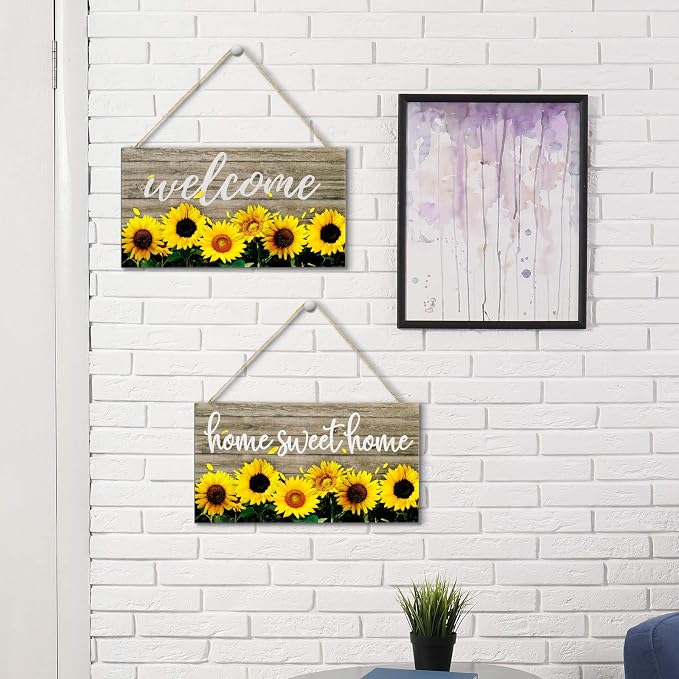 Jetec 2 Pieces Sunflowers Front Porch Door Plaque Sunflower Welcome Wooden Sign Sweet Home Hanging Wood Decoration for Living Room Decor, 11 x 15.24 cm