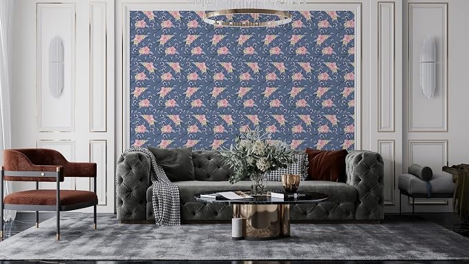 Seamless fabric wallpaper with a pink and yellow floral pattern, covering an area up to 4.2m x 3m, with an adhesive and smoothing tool