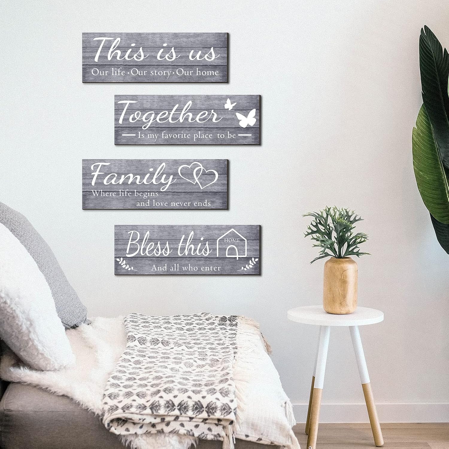 4 Pieces Home Wall Signs, THIS IS US/TOGETHER/BLESS THIS HOME/FAMILY Wall Decor For Living Room Bedroom, Rustic Wooden Farmhouse Wall Art, 4.7 x 13.8 Inch