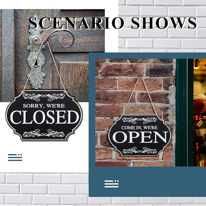 Rustic Wooden Store Open and Closed Business Sign Two Sided Reversible Come In We're Open or Closed Store Hanging Sign for Coffee Bar Shop Door Window, 11.8 x 7.8 Inch (White Boards, Black Words)